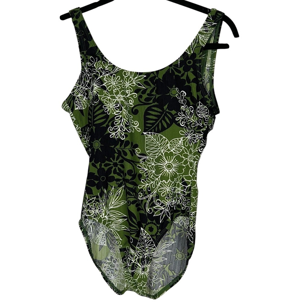 NWT - Catalina Women's One Piece Swimsuit Olive Green Floral Ribbed - 1x/16w